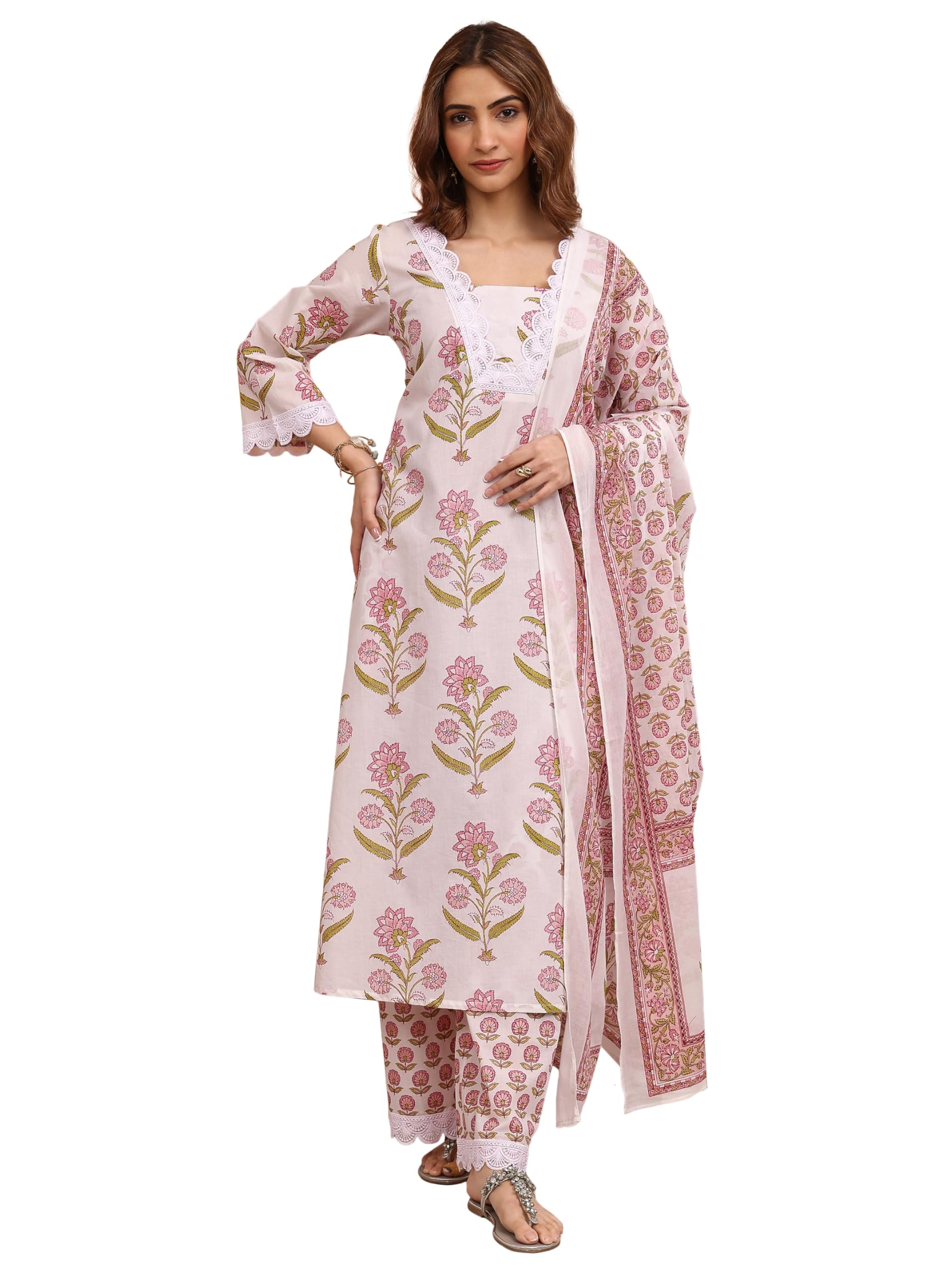 Libas Printed Cotton Straight Kurta With Palazzo and Dupatta (401273XL)