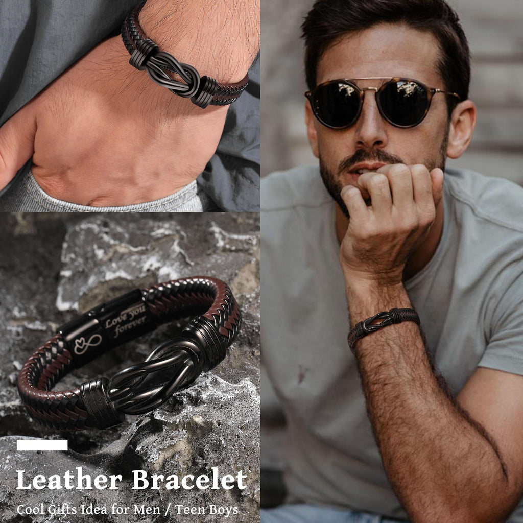 Brother Birthday Gift Stocking Stuffers for Teen Boys Leather Bracelets for Men Black Braided Love You Forever Christmas Jewelry