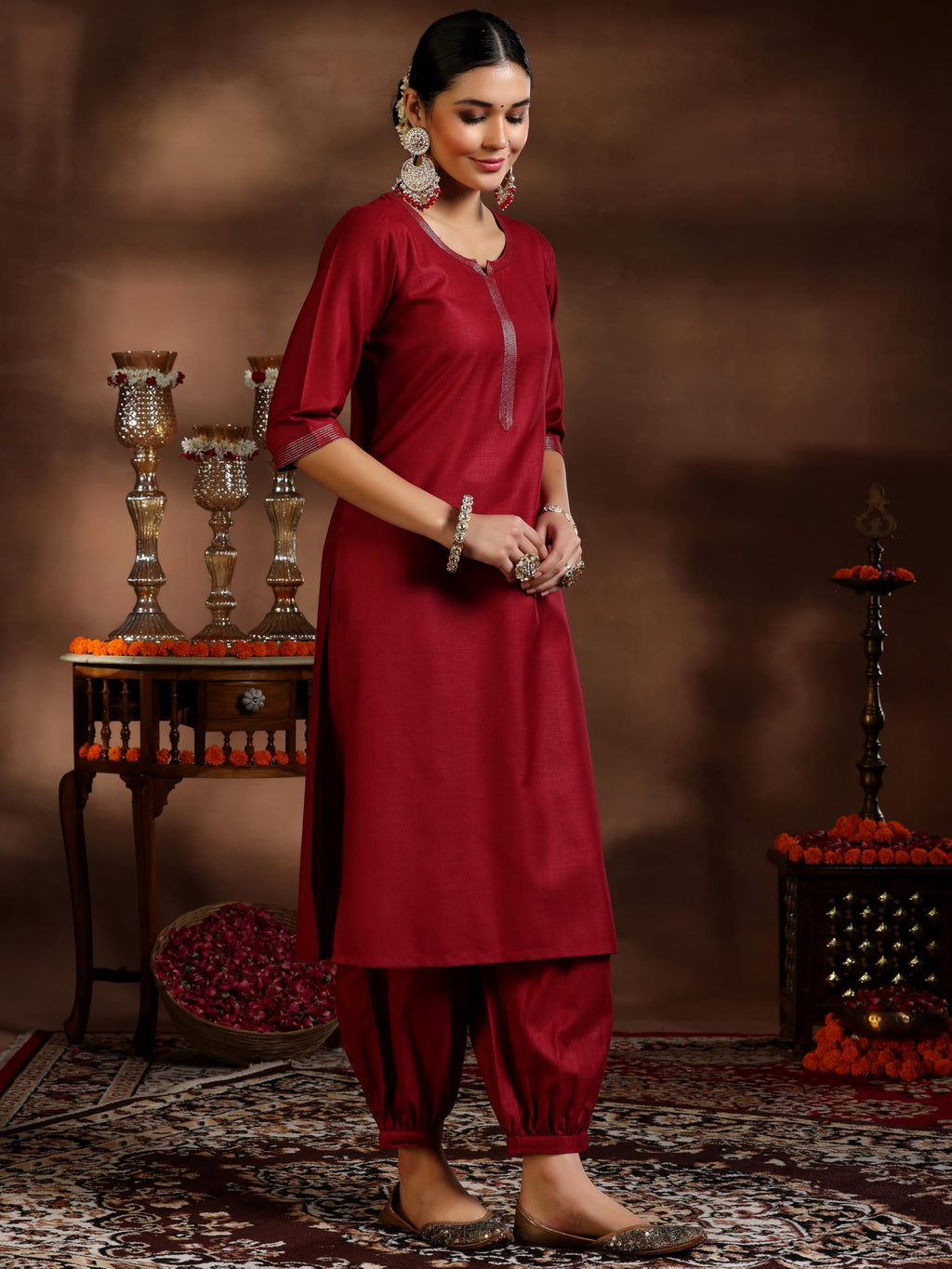 Libas Womens Silk Blend Solid Kurta Set (39053_Maroon
