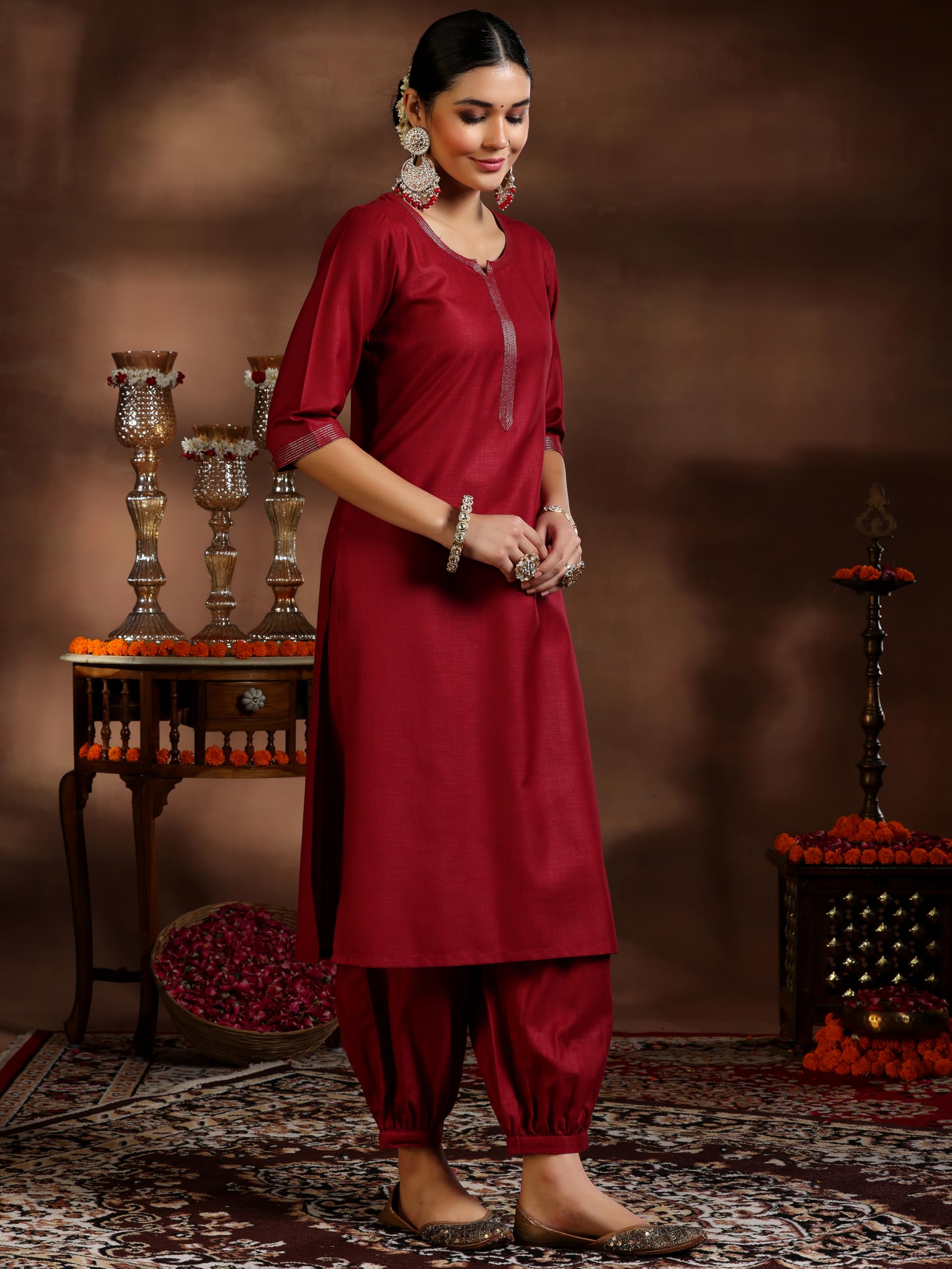 Libas Womens Silk Blend Solid Kurta Set (39053_Maroon