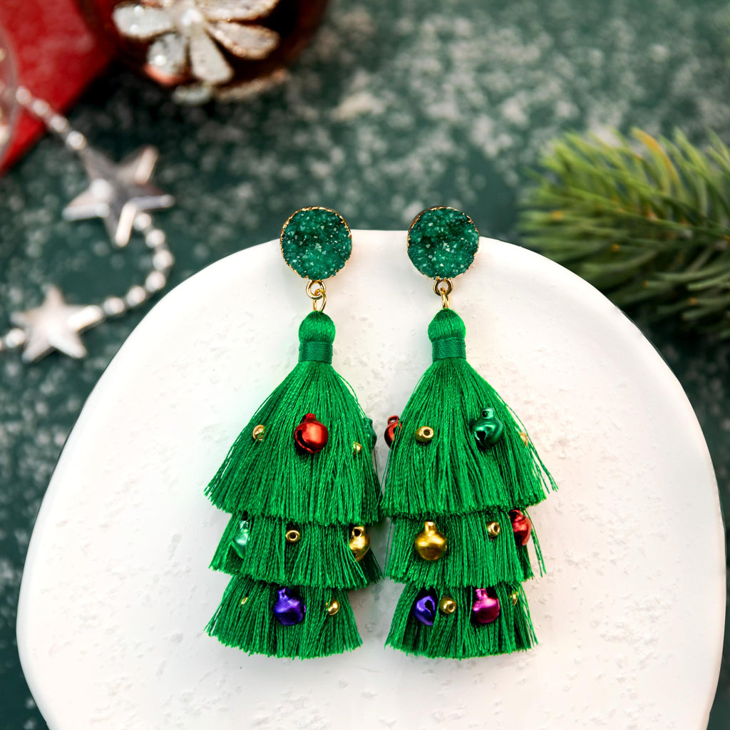Me&Hz Cute Christmas Tree Earrings Dangle Drop Green Tassel Earrings Jingle Bell Ornament Christmas Earrings for Women Holiday E