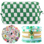 58 Pcs Checkered Makeup Bag Set Preppy Aesthetic Portable Cosmetic Bag Travel Makeup Pouch 7 Pcs Heishi Surfer Bracelets with 50