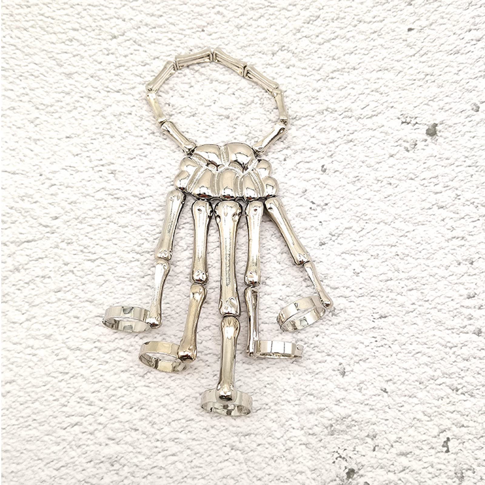 Caiyao Gothic Halloween Skull Skeleton Metal Fingers Hand Bone Bracelet with Adjustable Ring Wristband Handmade Punk Jewelry for