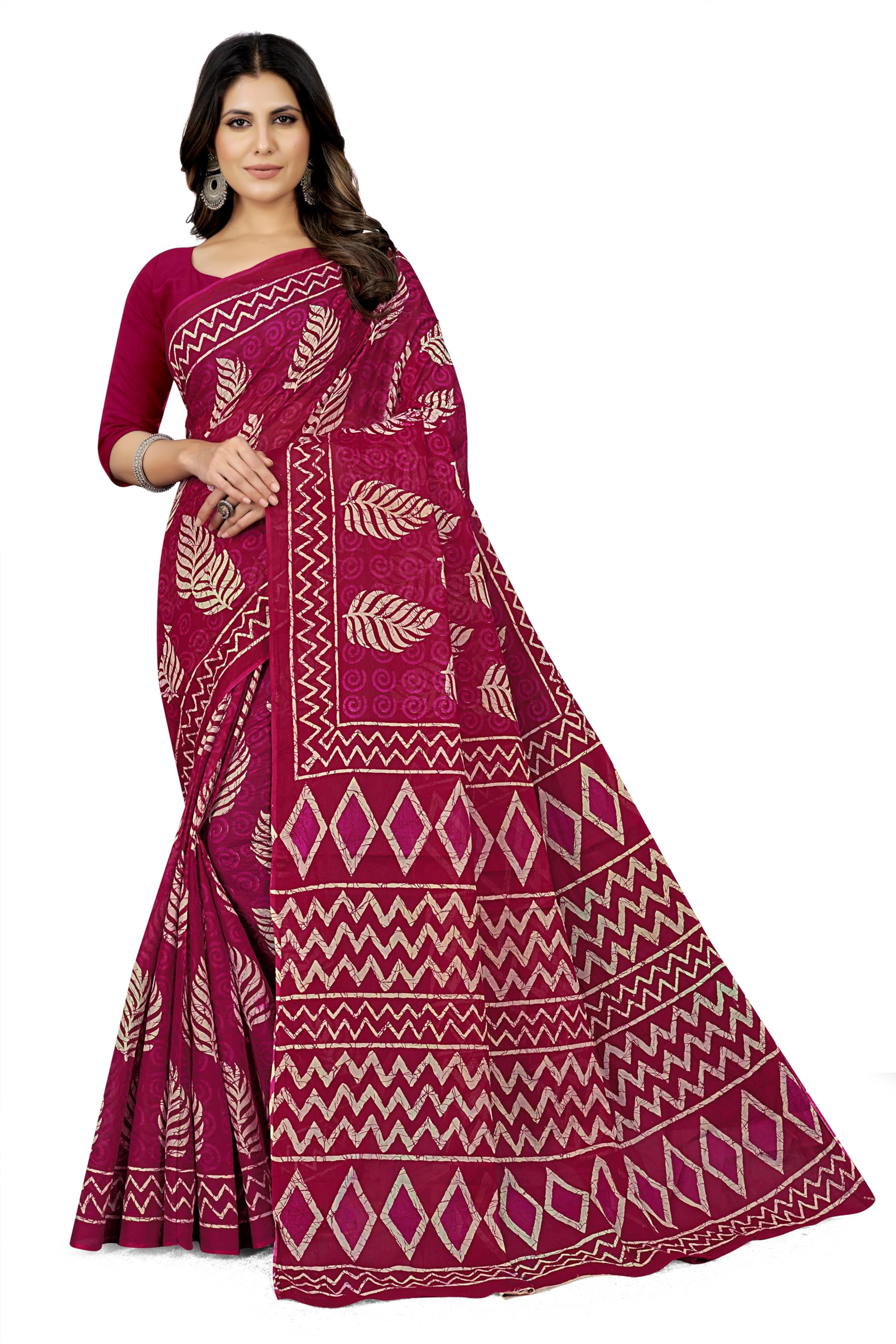 TAMAIRA FASHION Womens Batik Printed Pure Cotton Saree Without Blouse Piece(2458_DarkPink)