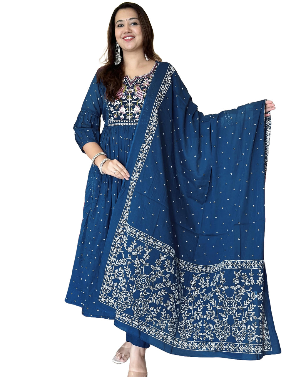 ANNI DESIGNER Womens Rayon Viscose Embroidered Anarkali Kurta with Pant & Dupatta (Kanota Kerosin-VKS05_XXL_Dark Blue_XX-Large)