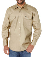 Wrangler Mens Cowboy Cut Western Two Pocket Long Sleeve Snap Work Shirt - Firm Finish - B&T,Khaki,3X