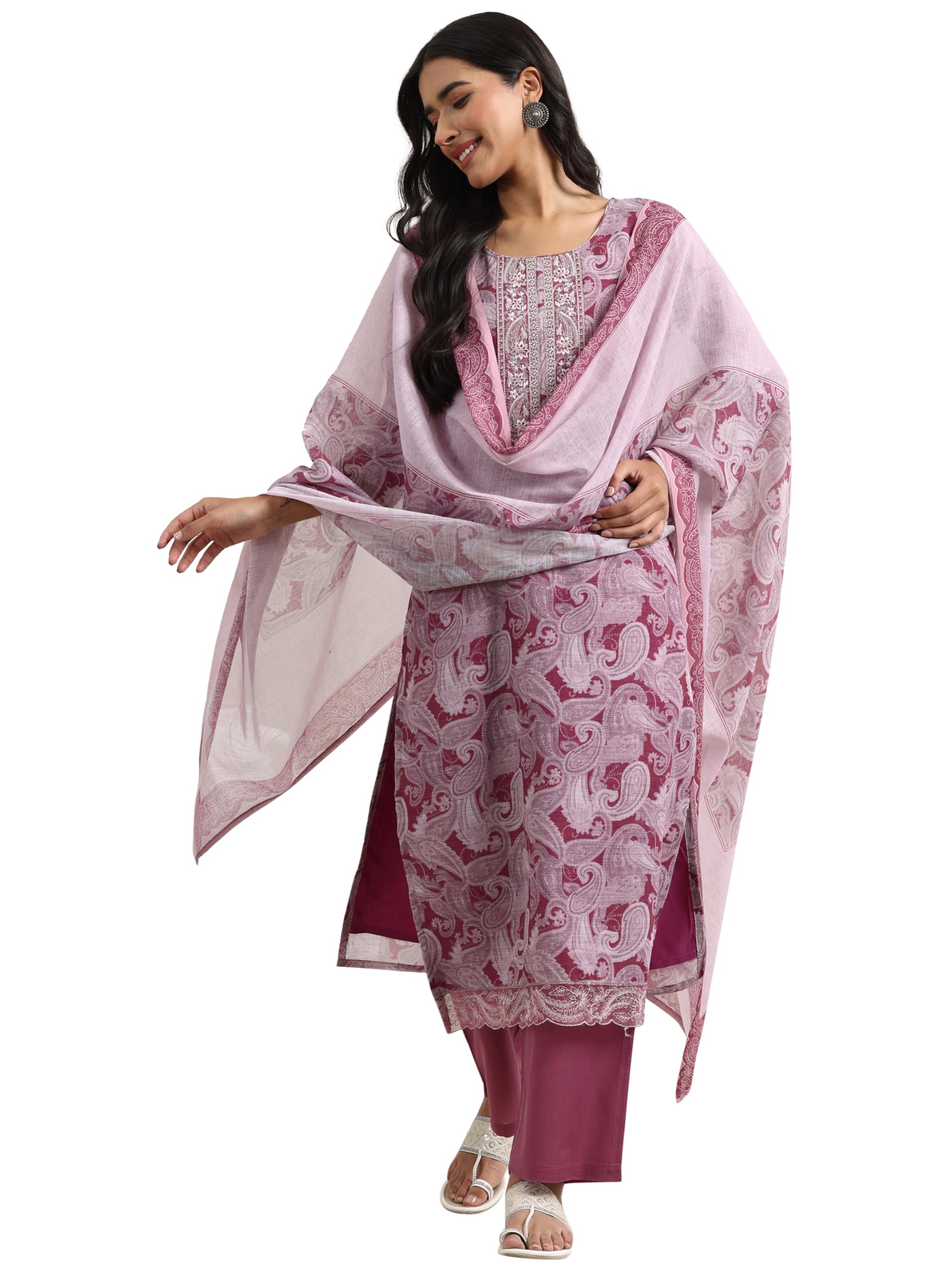 Libas Womens Printed Linen Straight Kurta With Palazzos And Dupatta