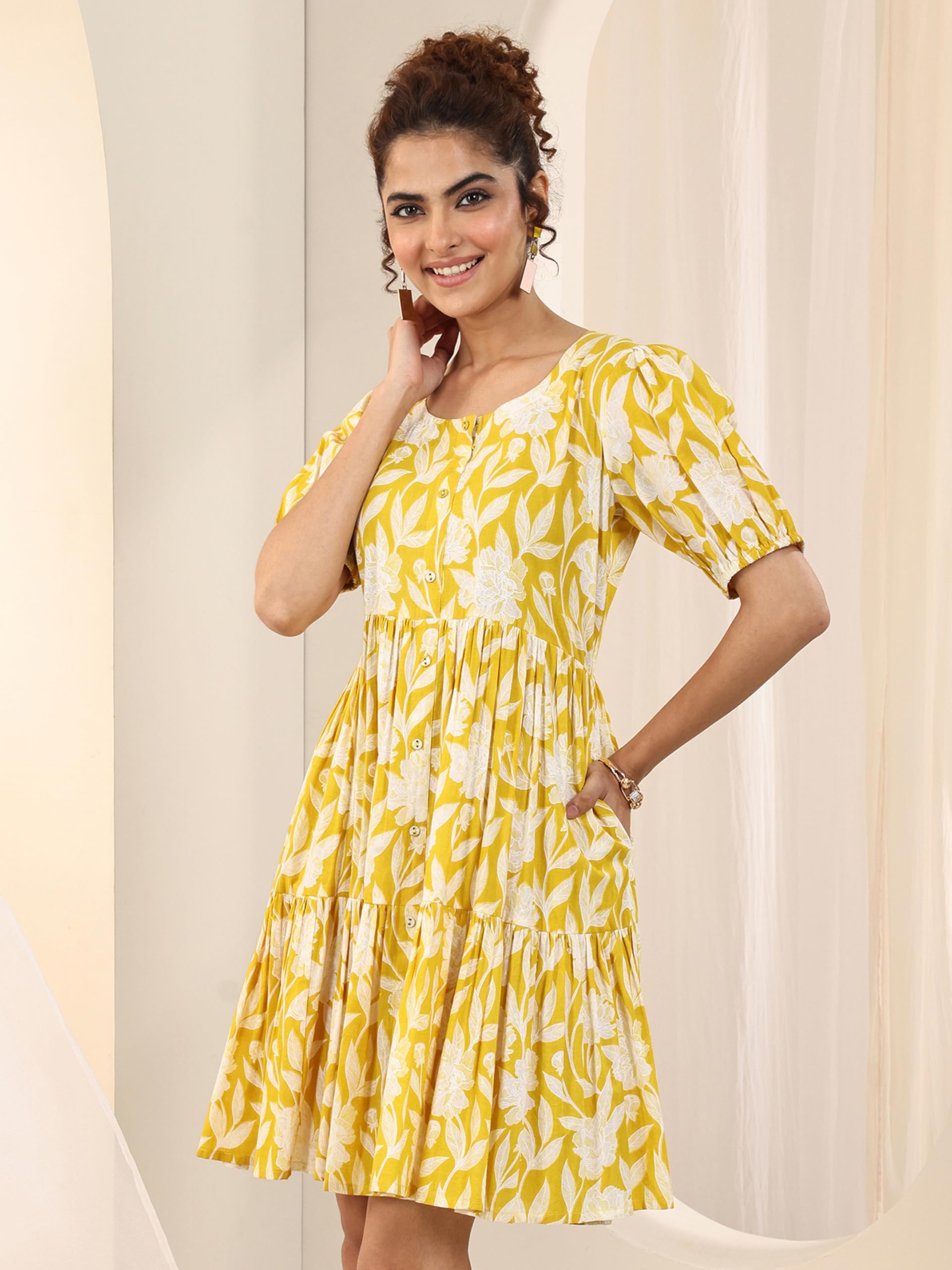 Libas WomenS Cotton Fit And Flare Above Knee Dress (29431O_Yellow