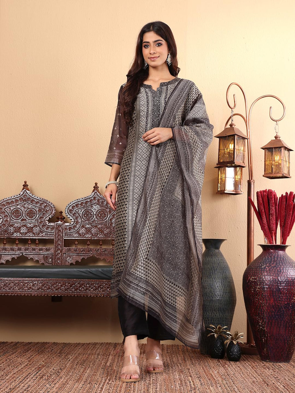Varanga Women Blue V-Neck, Gathered Details, Flared Sleeves A-Line Kurta Paired With Bottom And Tonal Dupatta