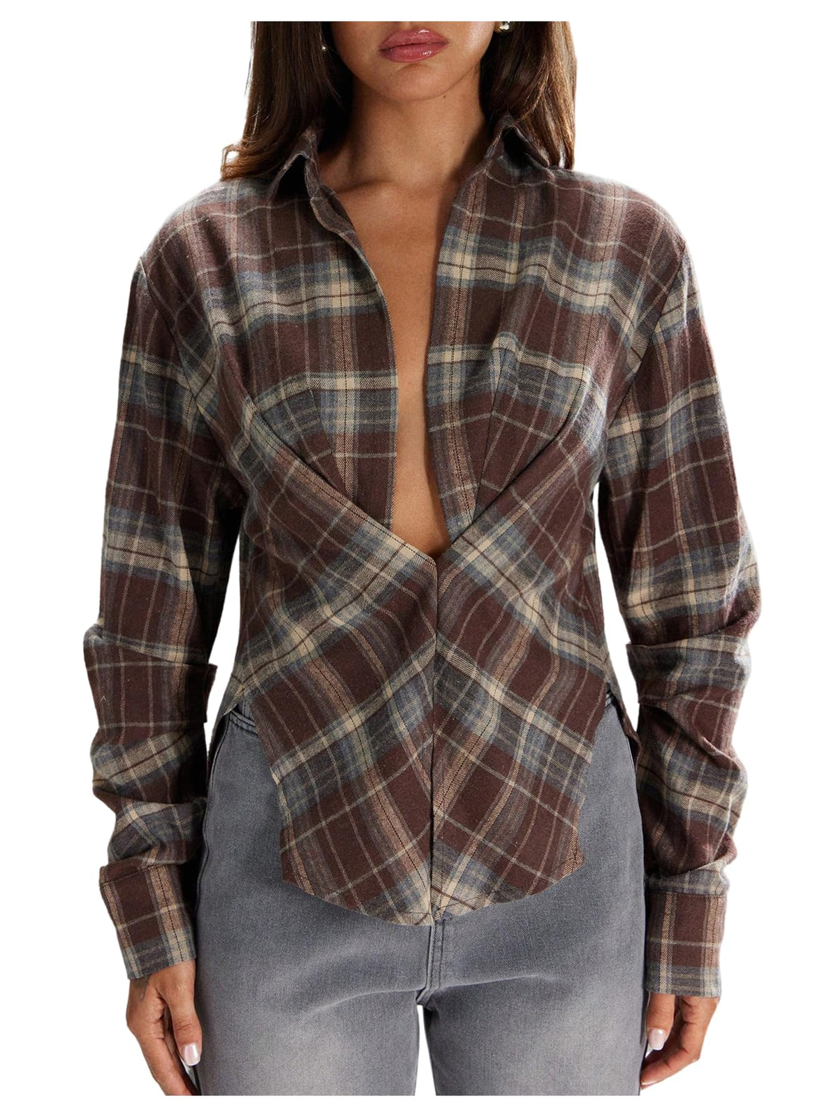 Floerns Womens Plaid Button Down Shirts Collared Long Sleeve Casual Blouse Top, Brown, Medium