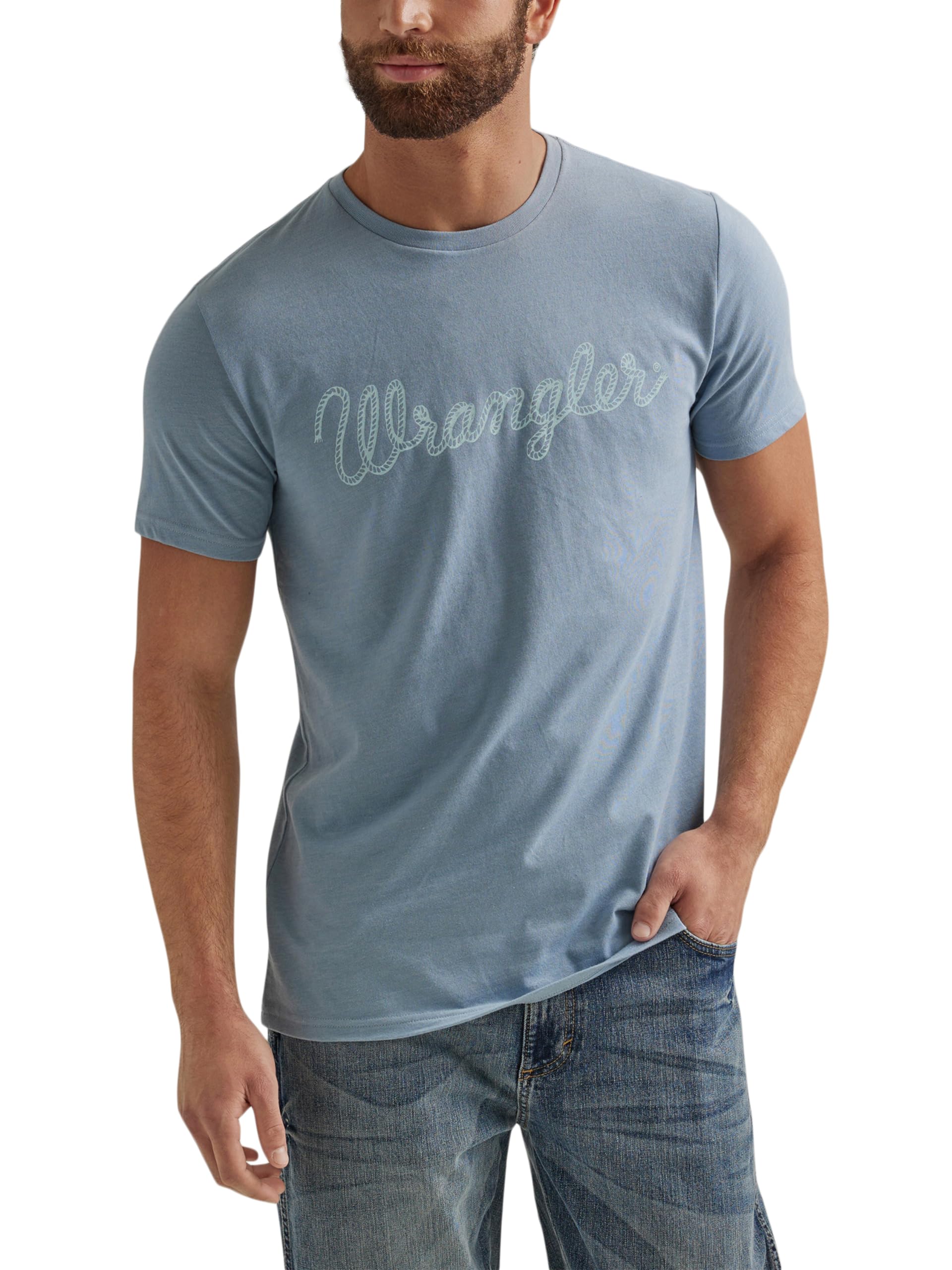 Wrangler Men's Western Crew Neck Short Sleeve Tee Shirt, Ashley Blue Heather