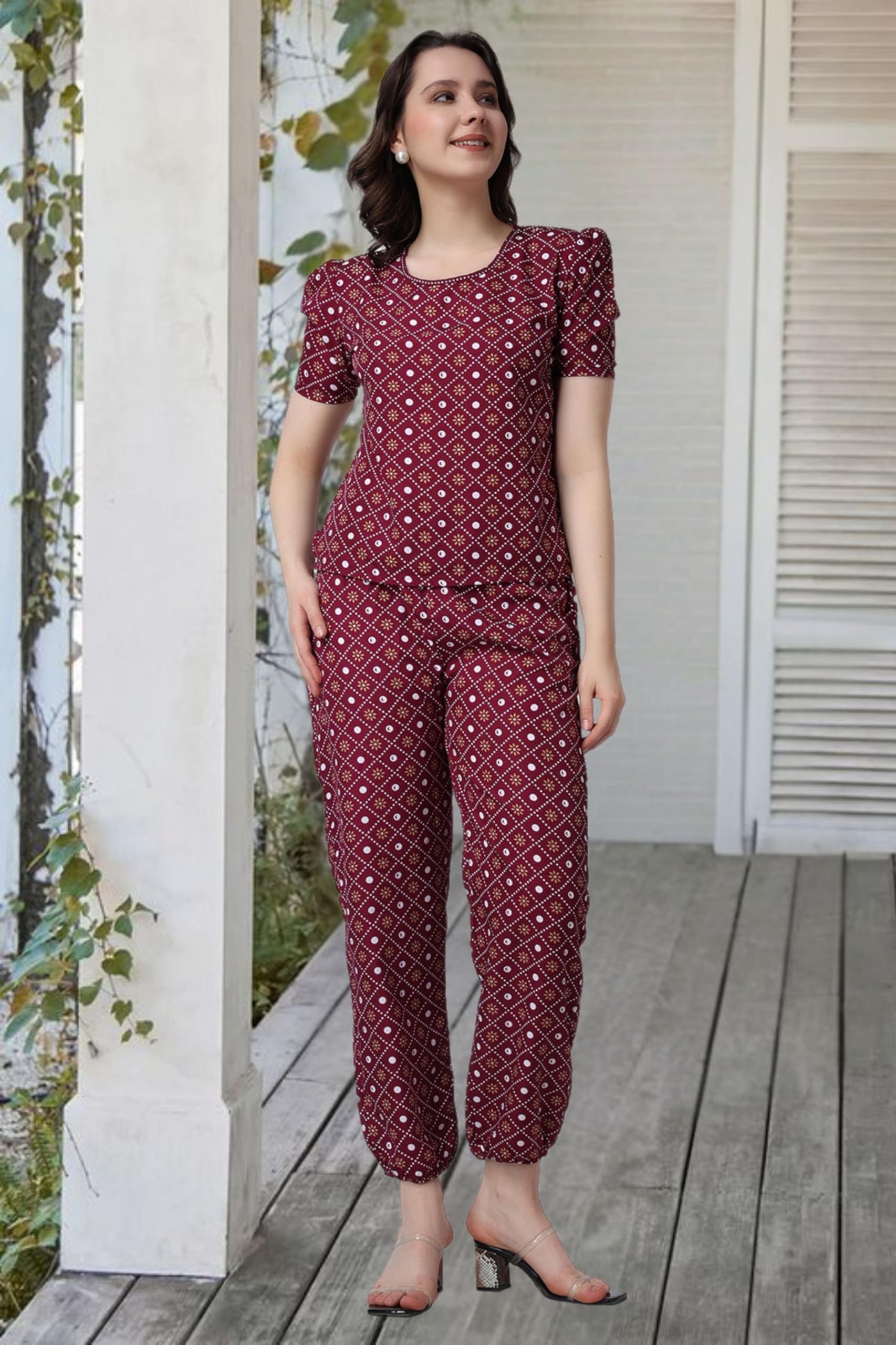 POPWINGS Casual Printed Top and Joggers Set for Women || Stylish Summer Co-Ords Set for Women || Round-Neck Top and Joggers Comb