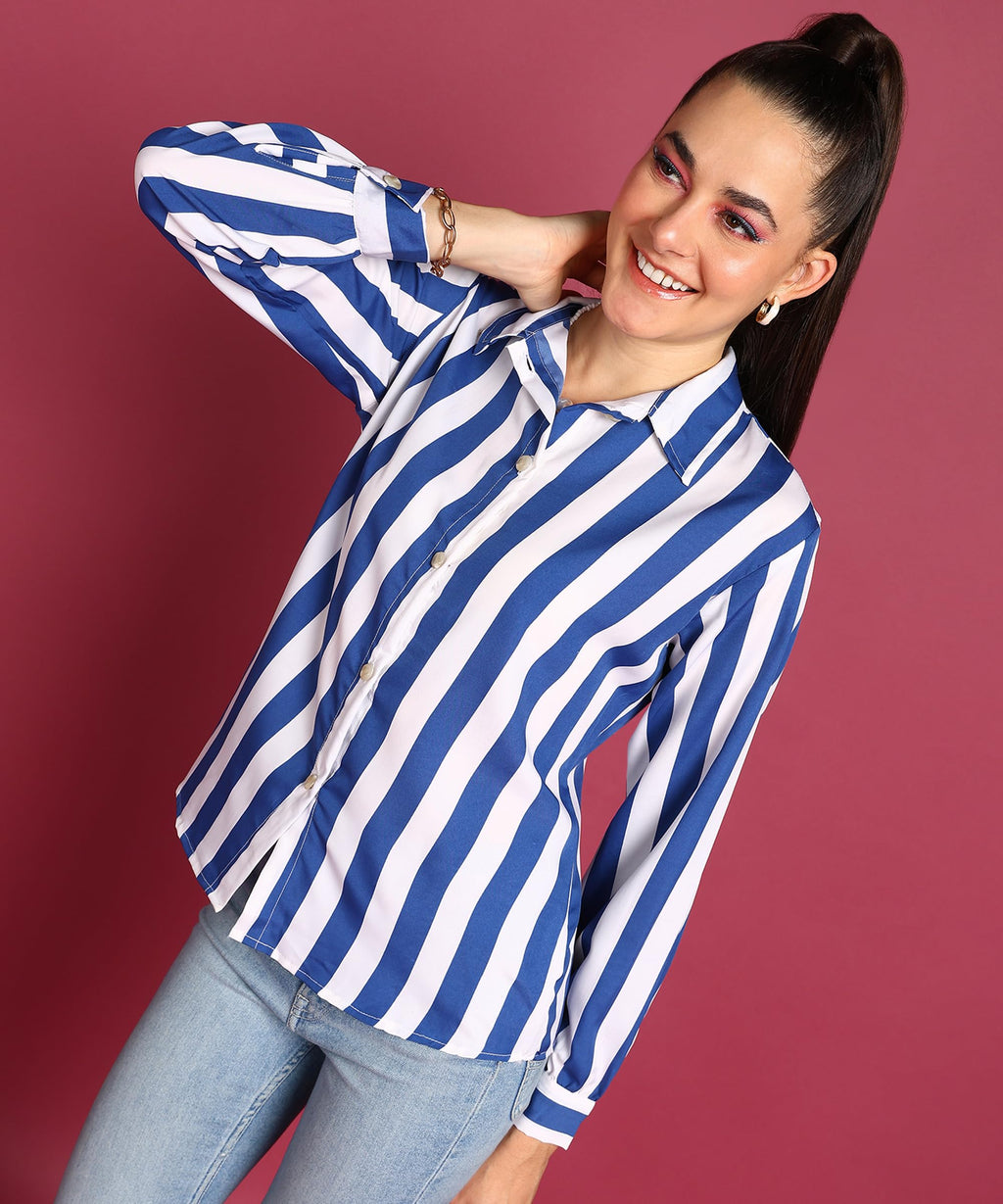 POPWINGS Stripe Printed Crepe Shirt for Women Stylish Western Casual Regular Fit Full Sleeves Shirts for Women