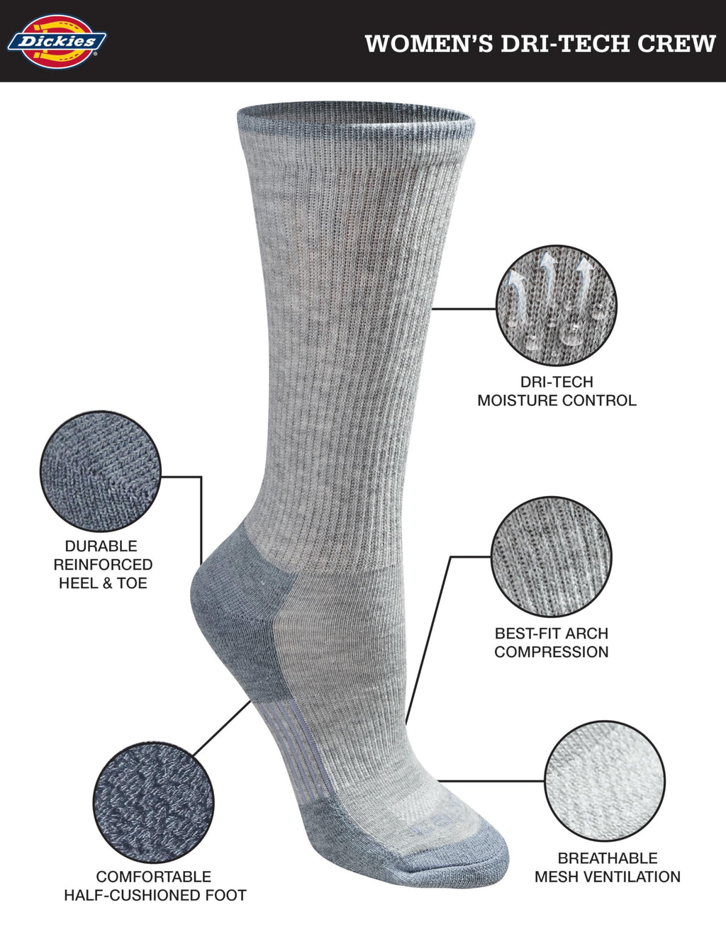 Dickies Women's Dri-Tech Essential Moisture Control Crew Socks, Available in S-XL (6, 12, Grey with Bluish (6 Pairs), Medium