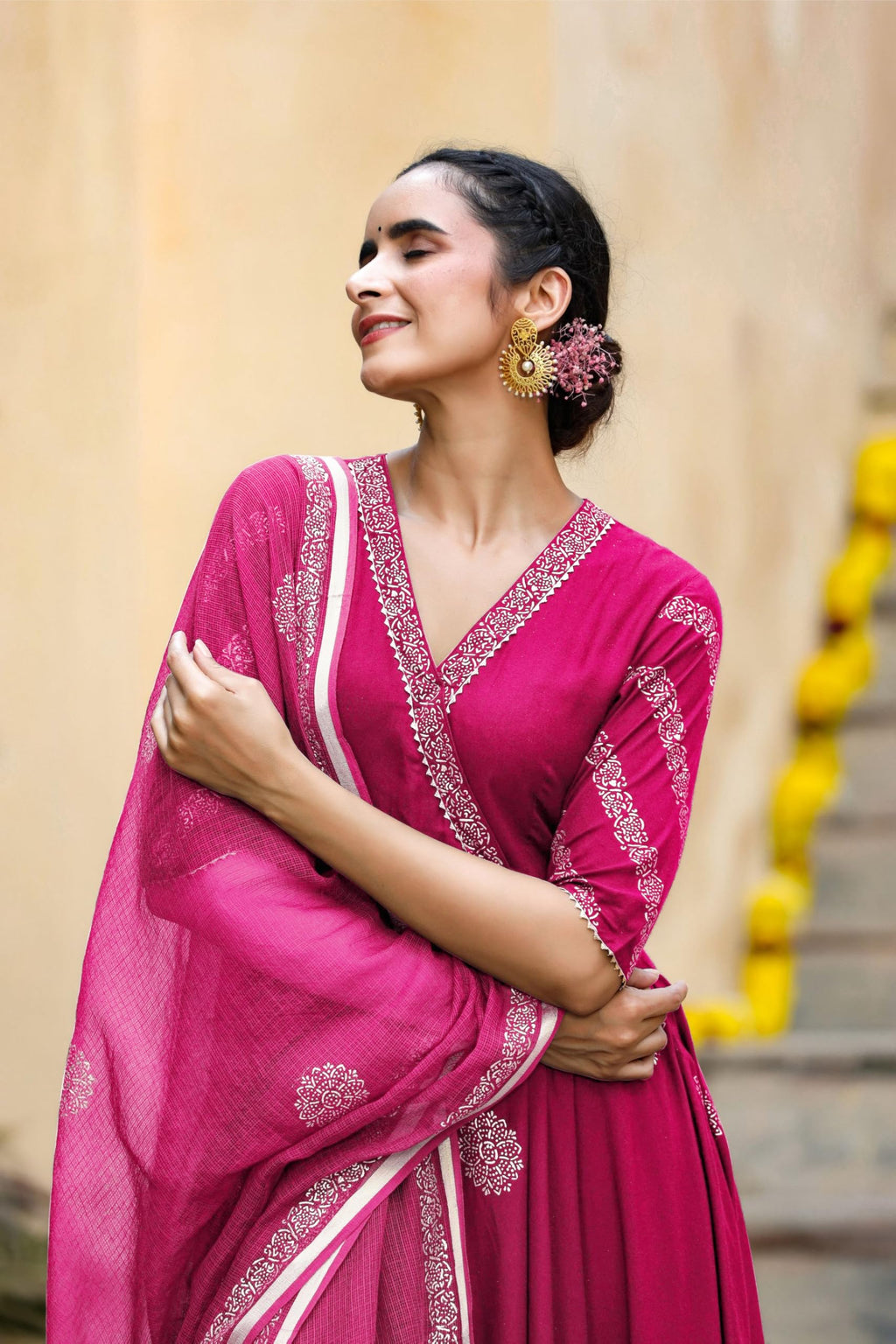 ANNI DESIGNER Anarkali Women s Rayon Blend Kurta with Trousers and Dupatta, Pink, XL