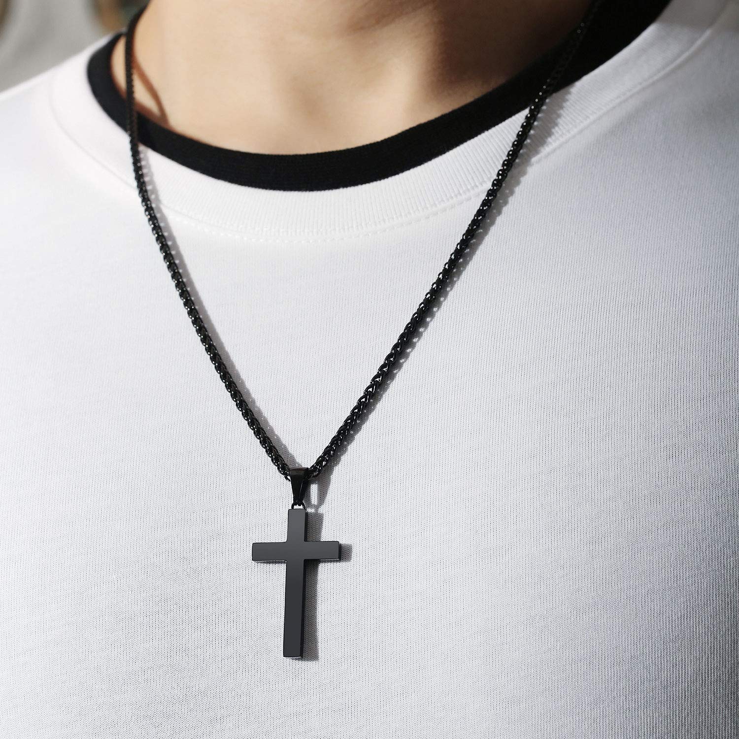 P. BLAKE Stainless Steel Black Cross Necklace for Men Boys Cross Pendant with Chain 24 Inches