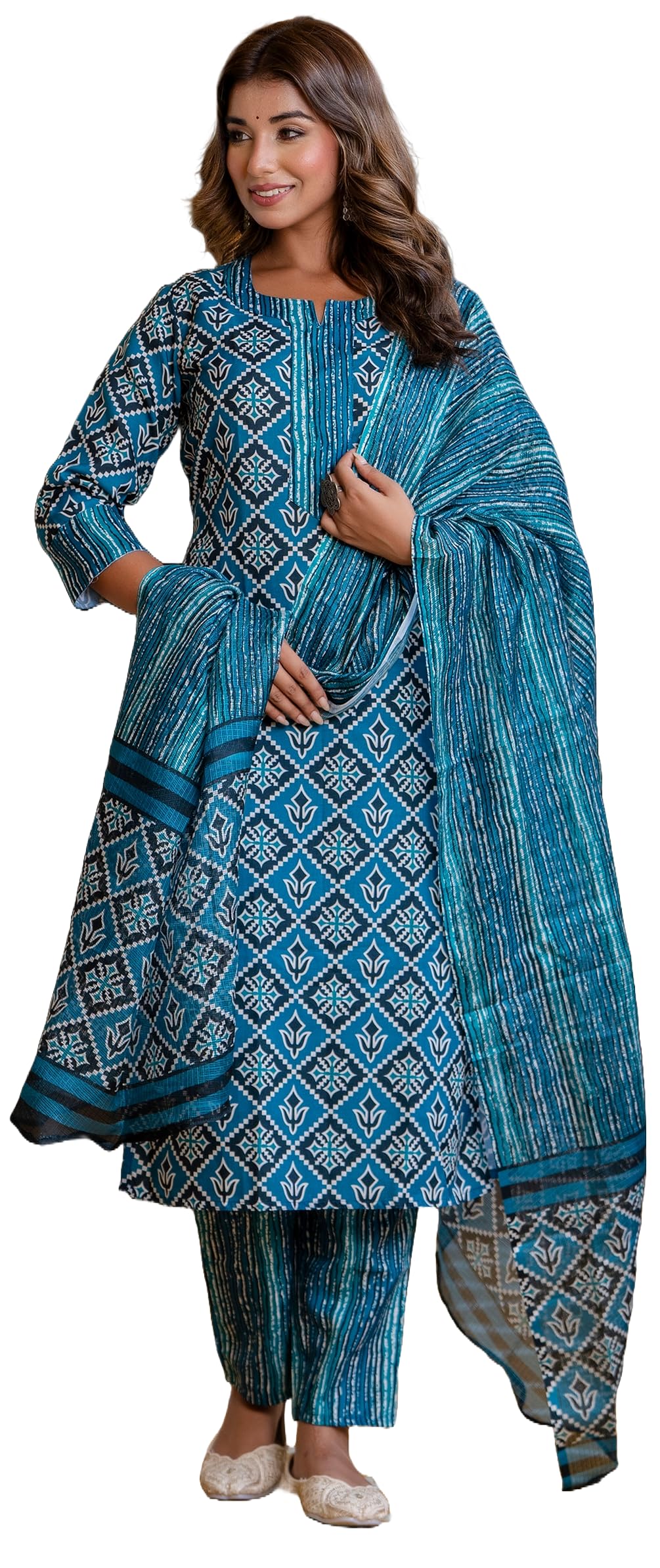 Lookmark Women'S Printed Cotton Blend Straight Kurta Pant Dupatta Set - Stylish Ethnic Wear For Women (Az-Lm-P2-Ks2116-Xl) Blue