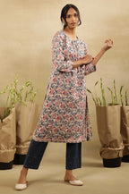 Folksong By W Women Off White Floral Print Viscose Straight Kurta