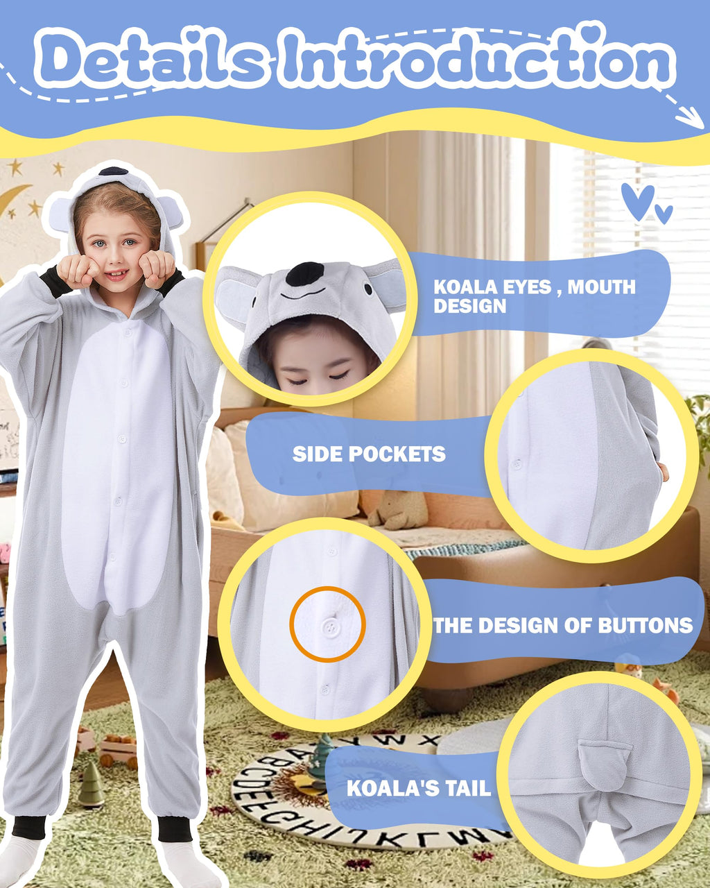 CANASOUR Koala Onesie Halloween Kids Cosplay Costume Girls Animal Unisex Outfuit One Piece Hooded Farm Soft Pajamas Grey Party 6