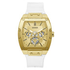 GUESS Men's Trend Multifunction Tonneau 43mm Watch - Gold-Tone Dial & Stainless Steel Case with White Silicone Strap