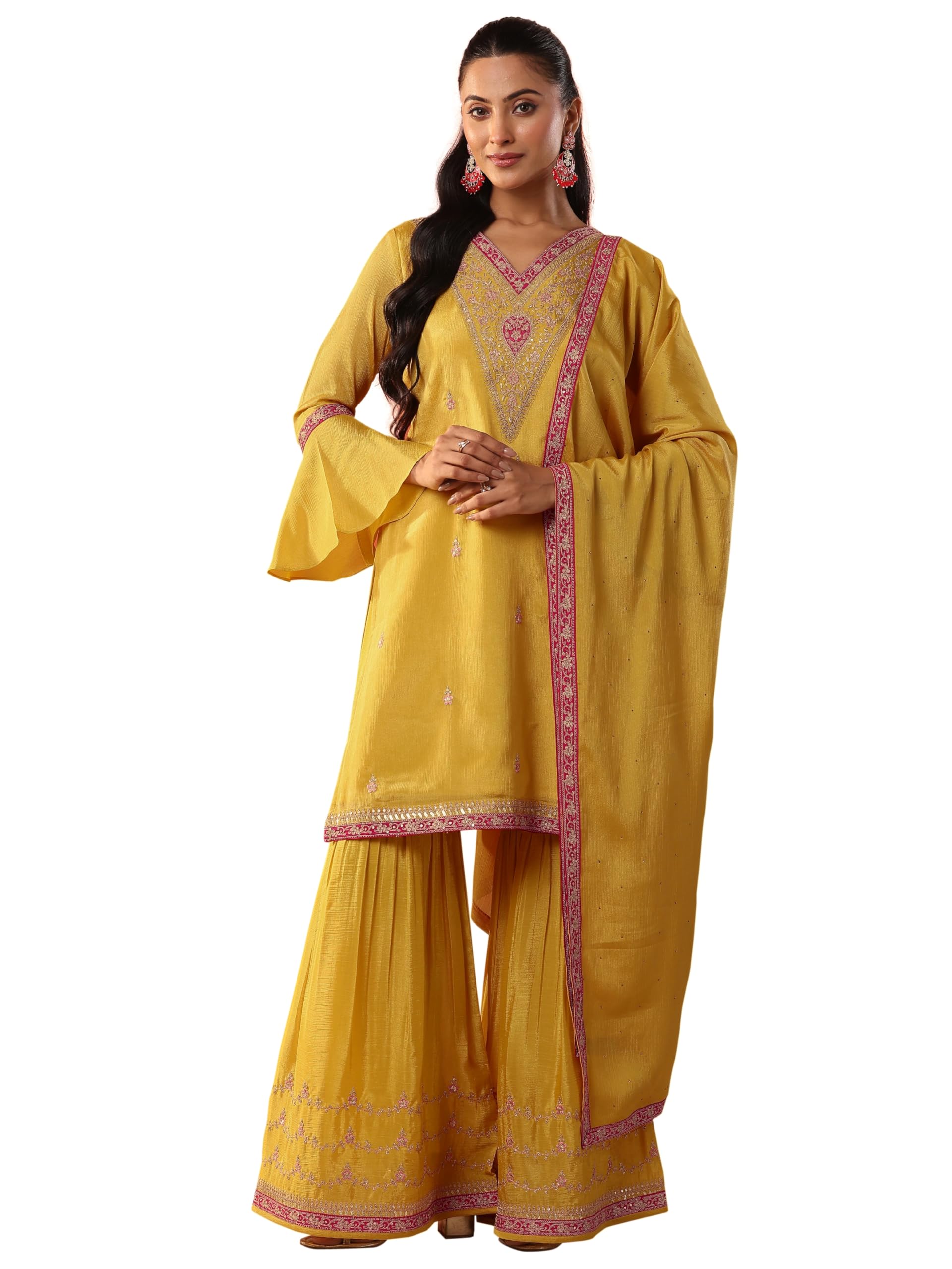 Libas Womens Embroidered Chinon Straight Kurta With Sharara and Dupatta