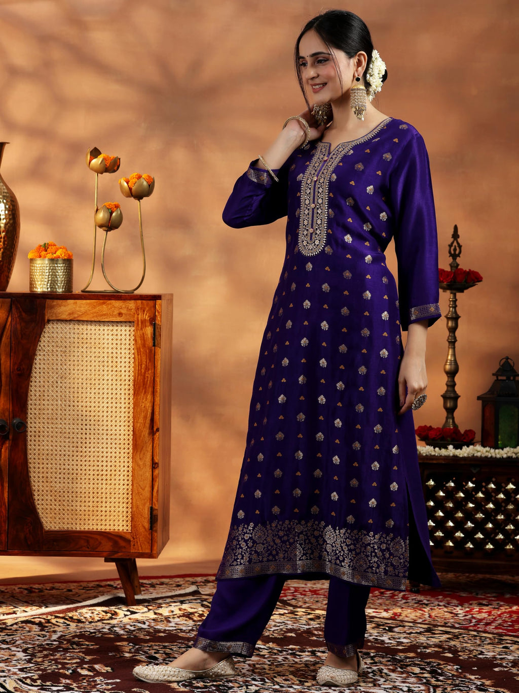 Libas Womens Woven Design Silk Blend Straight Kurta With Palazzos And Dupatta