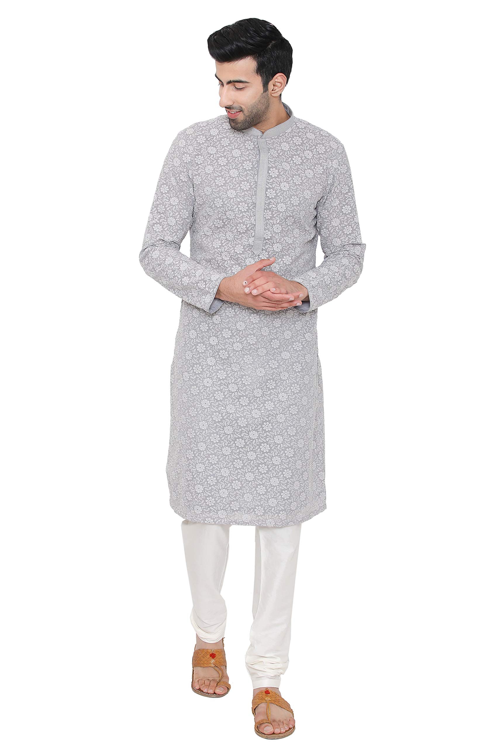 Manyavar Elegant Self-Design Knee Long Full Sleeves Kurta And Churidar Set For Men - (Grey, Large) (Sosk452)
