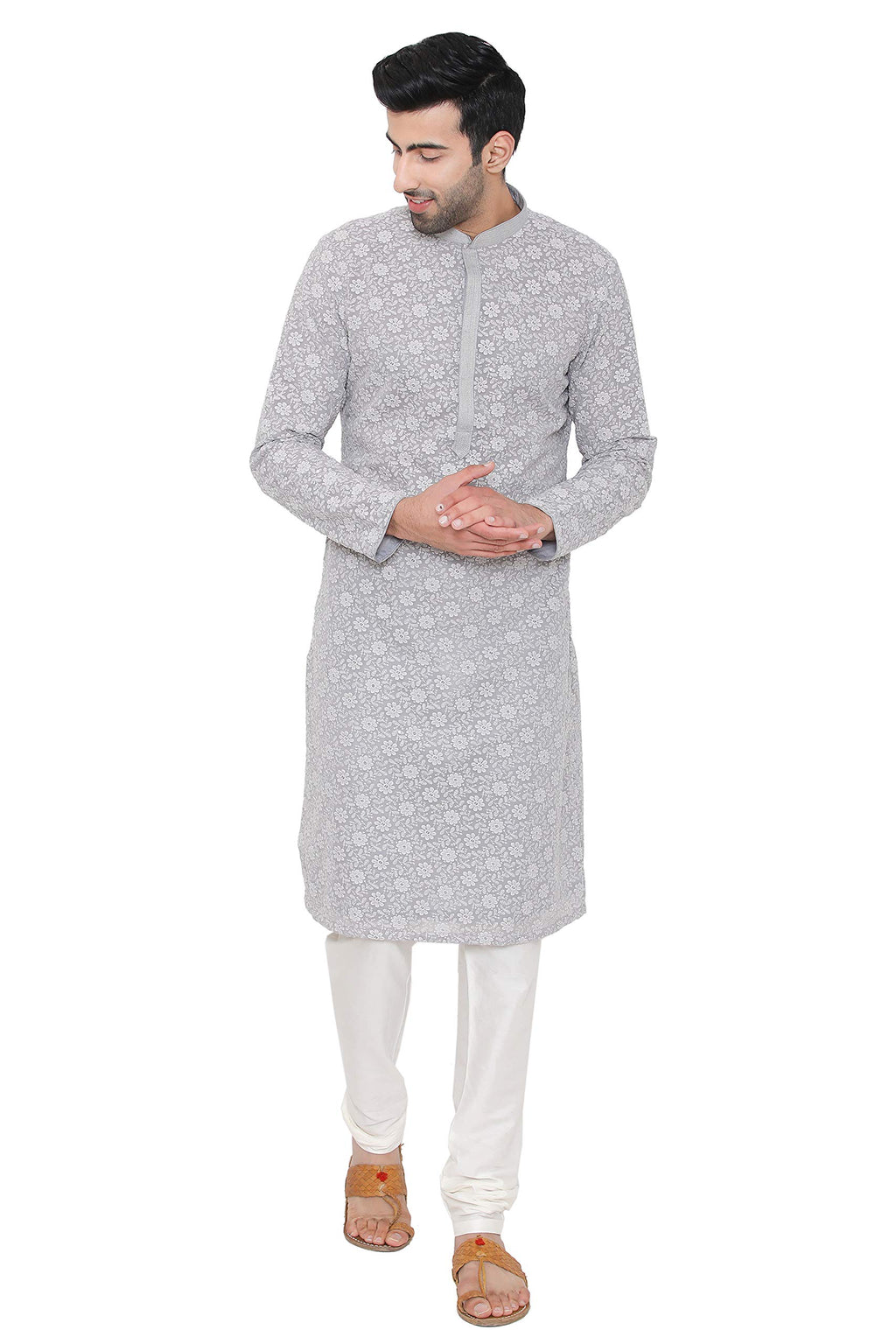 Manyavar MenS Silk Blend Kurta Chudidar Pyjama (Sosk452_Grey_M)