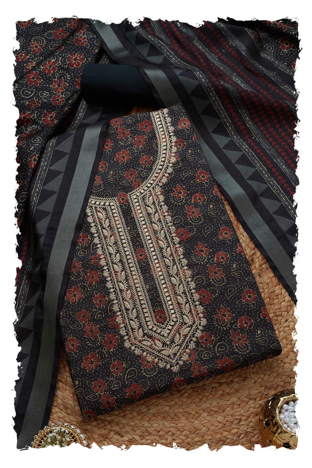 Soch Women Tussar Floral Dress Material with Sequins