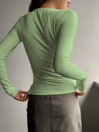 Shasmi Womens & Girls Light Green Long Sleeve Round Neck Solid Color Ruched Workwear Casual Top Half Button Down Henley T-Shir