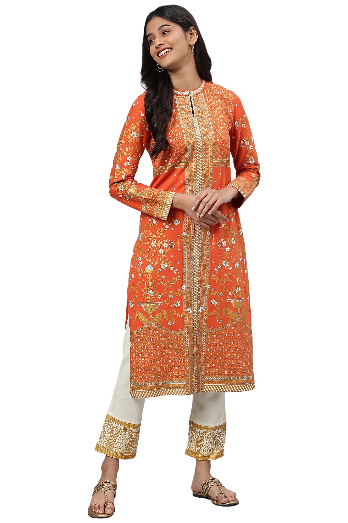 Aurelia WomenS Polycotton Orange Floral Round Neck Straight Kurta Set_22Noas13705-505626_L