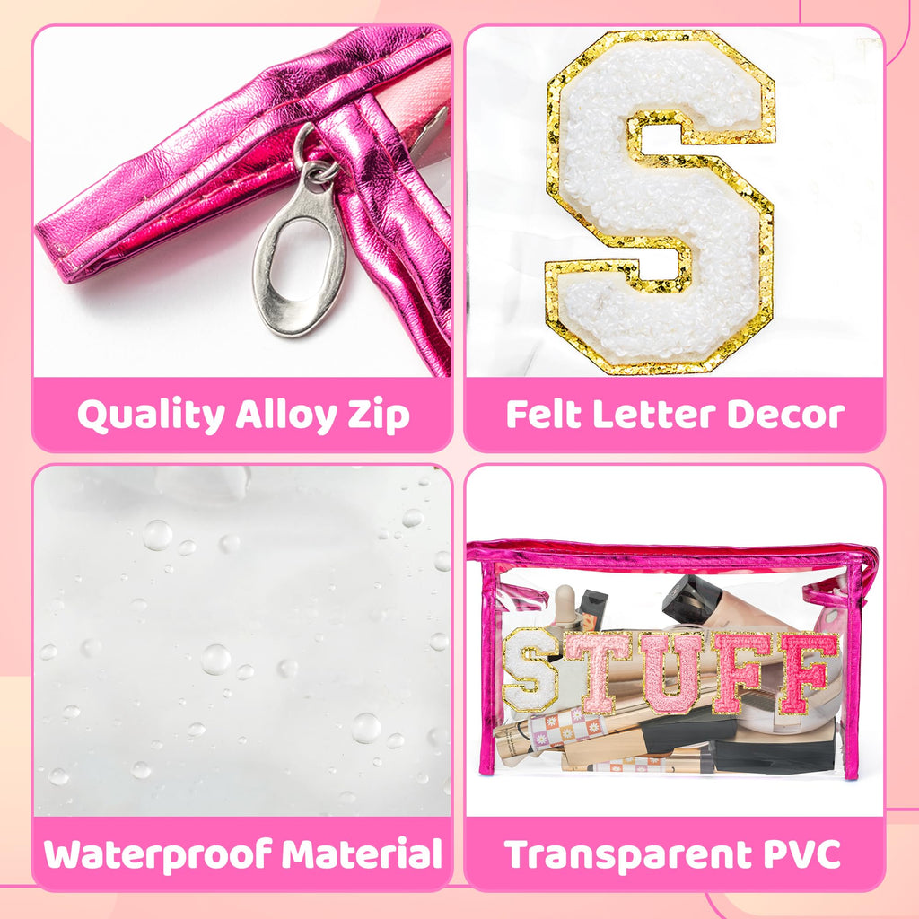 Y1tvei STUFF Large Makeup Bag - Preppy Patch Chenille Varsity Letter Transparent PVC Clear Extra Large Cosmetic Pouch Portable W