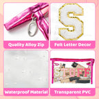Y1tvei STUFF Large Makeup Bag - Preppy Patch Chenille Varsity Letter Transparent PVC Clear Extra Large Cosmetic Pouch Portable W