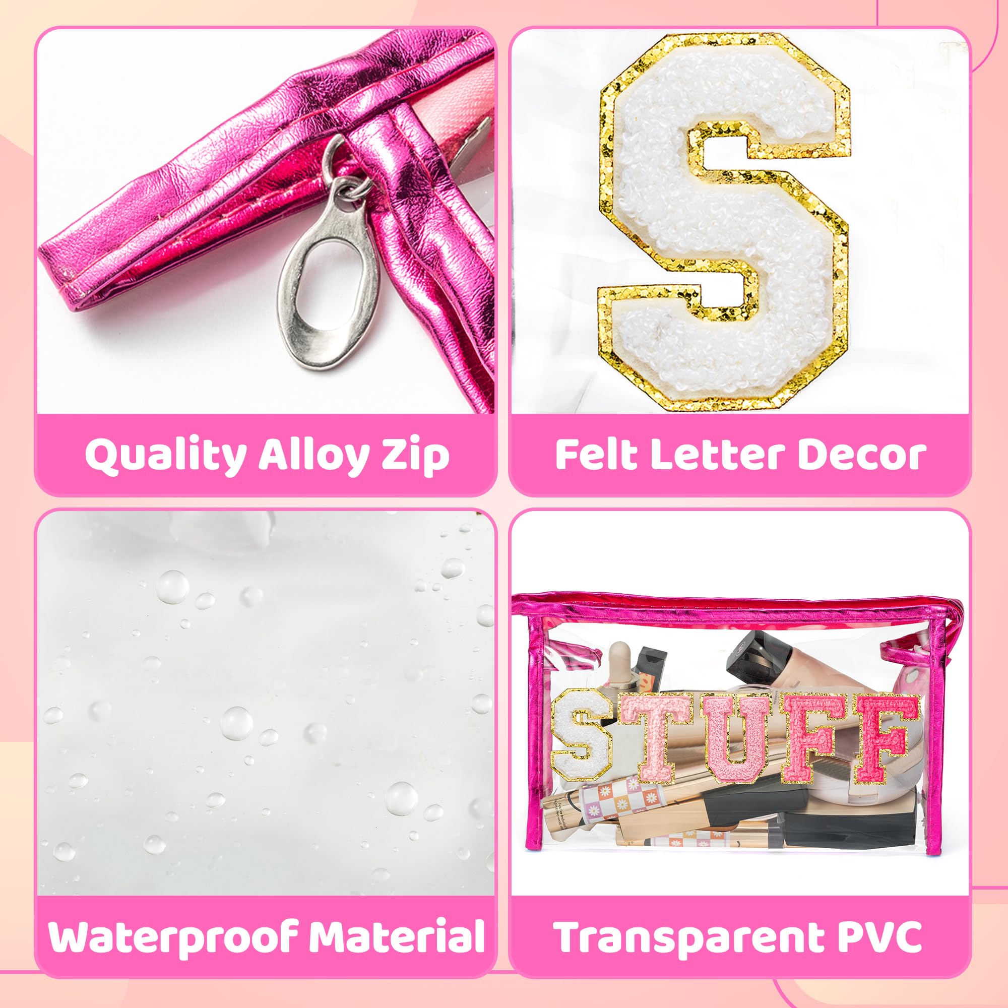 Y1tvei STUFF Large Makeup Bag - Preppy Patch Chenille Varsity Letter Transparent PVC Clear Extra Large Cosmetic Pouch Portable W