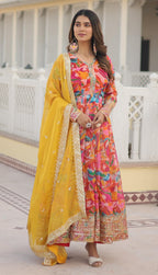 Fashion Basket Green Russian Silk Floral Print Anarkali Kurta Set For Women (In, Alpha, 2Xl, Regular, Standard, Pink)