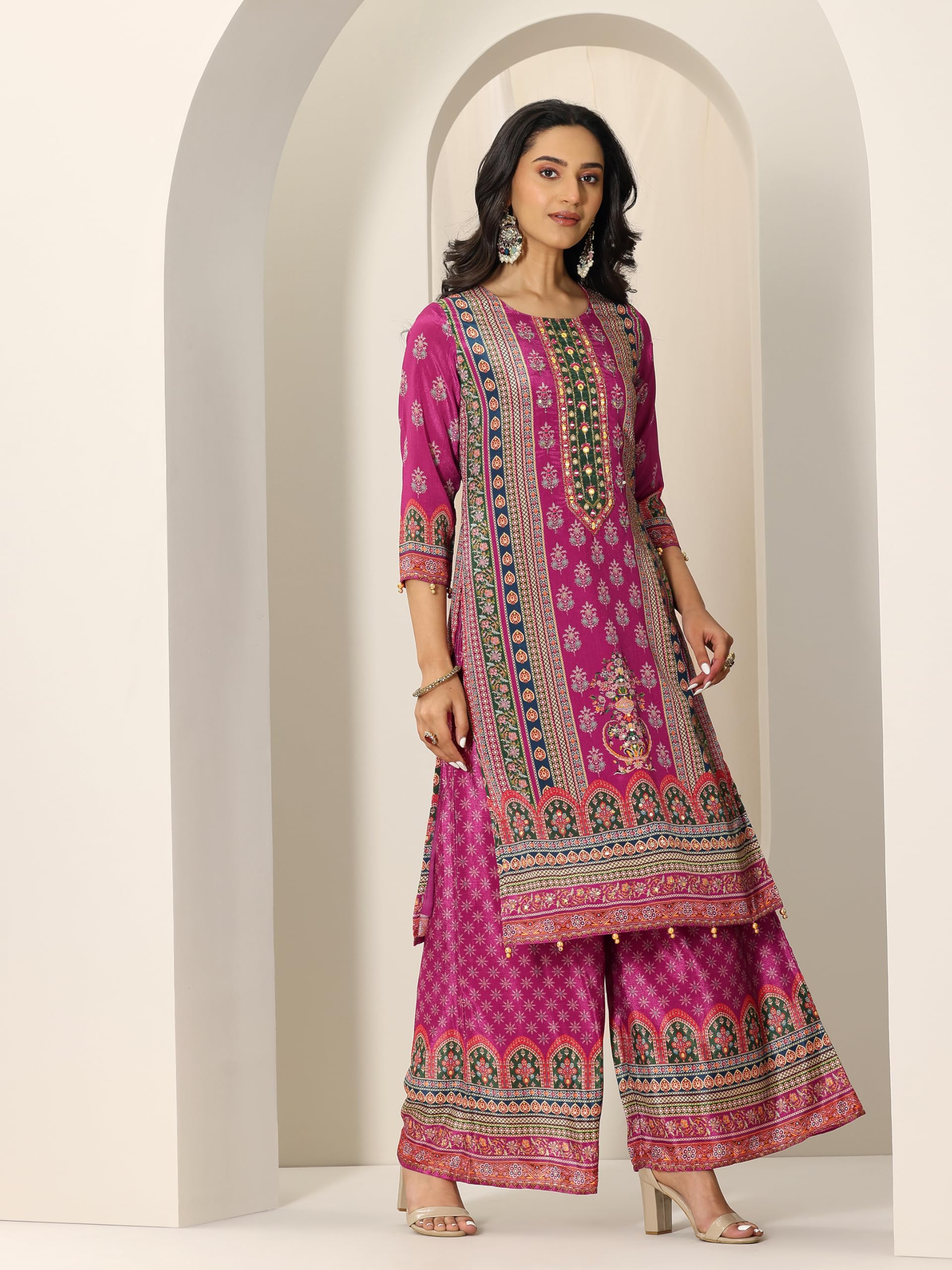 Libas Womens Printed Chinon Straight Kurta With Palazzos And Dupatta