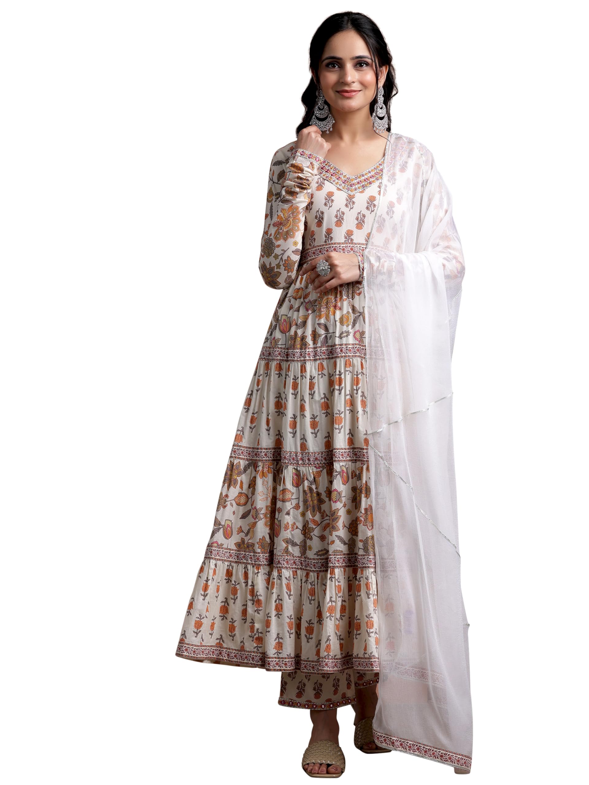 Libas Women Cotton Off White Printed A-Line Kurta With Palazzos & Dupatta, Medium