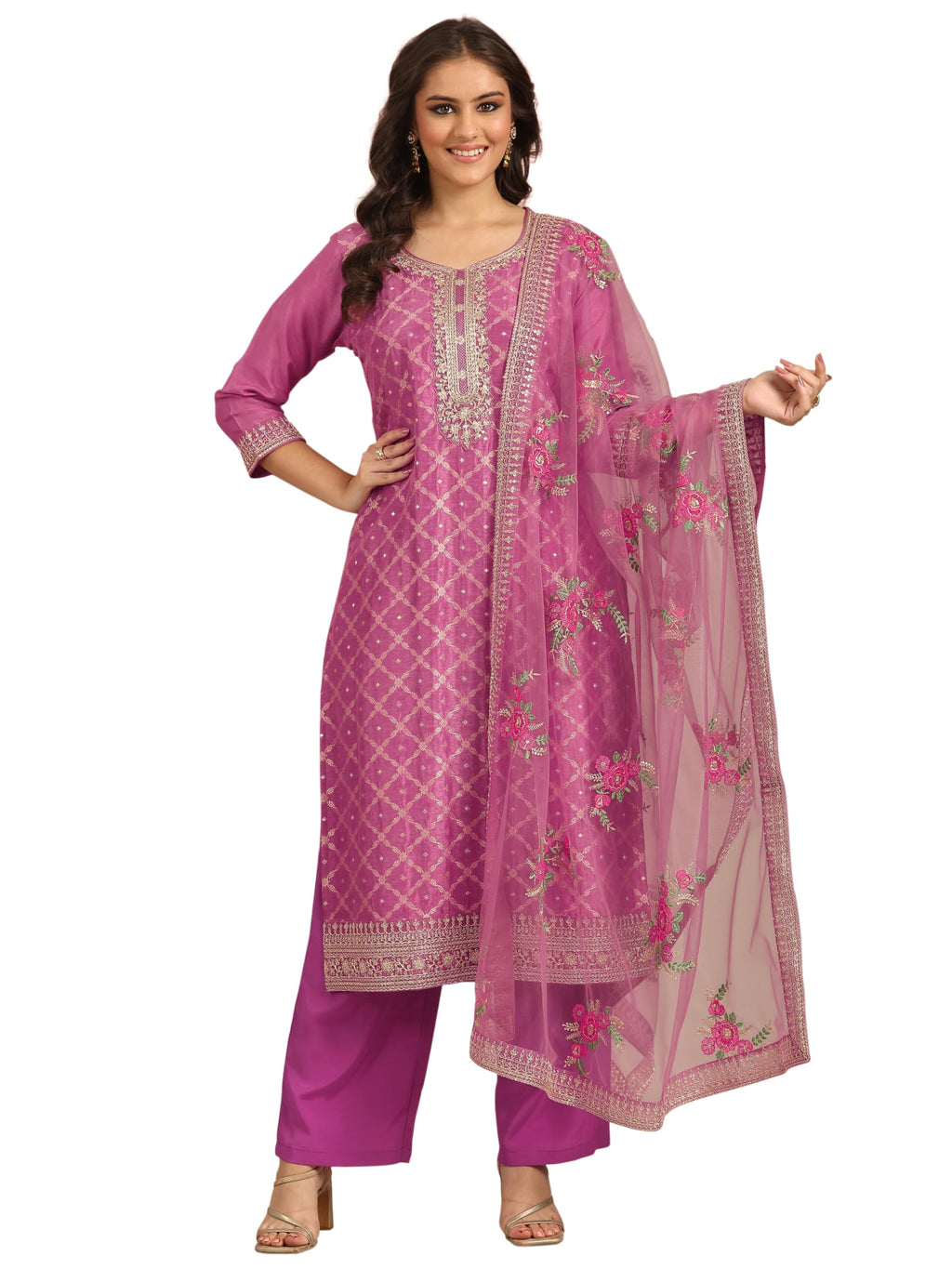 Libas Art Mauve Woven Design Silk Blend Straight Kurta set for Women (51267AS)
