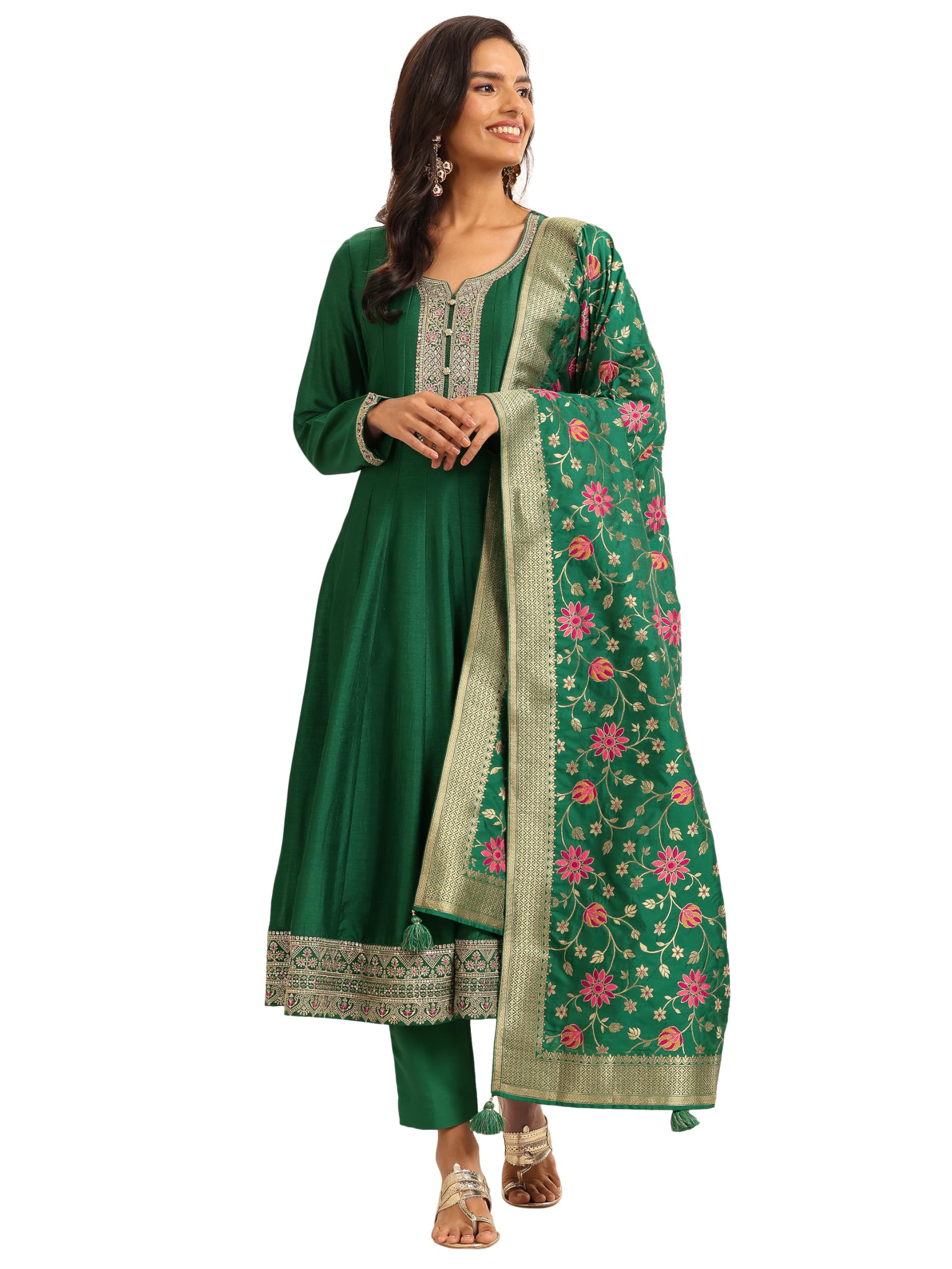 Libas Green embellished anarakali panelled kurta with solid trouser and floral woven design dupatta