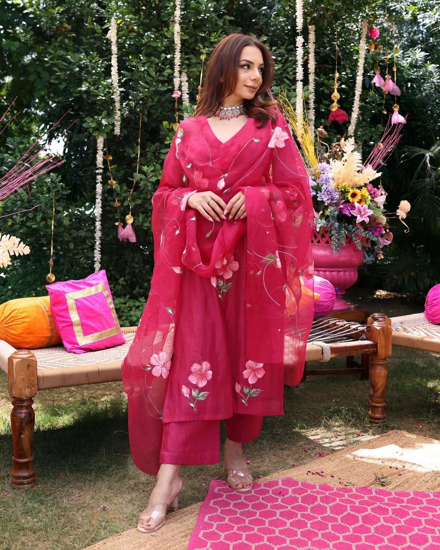 ANNI DESIGNER Womens Rayon Blend Straight Printed Kurta with Pant & Dupatta (ROKA Rani_M_Pink_Medium)