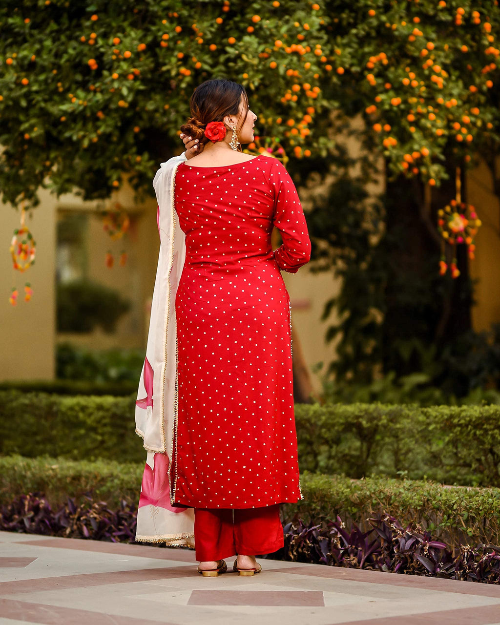 ANNI DESIGNER Womens Cotton Blend Straight Printed Kurta with Pant & Dupatta (Jam001-Red_S_Dark Blue_Small)