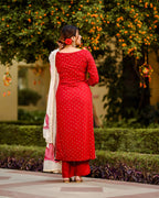 ANNI DESIGNER Womens Cotton Blend Straight Printed Kurta with Pant & Dupatta (Jam001-Red_S_Dark Blue_Small)