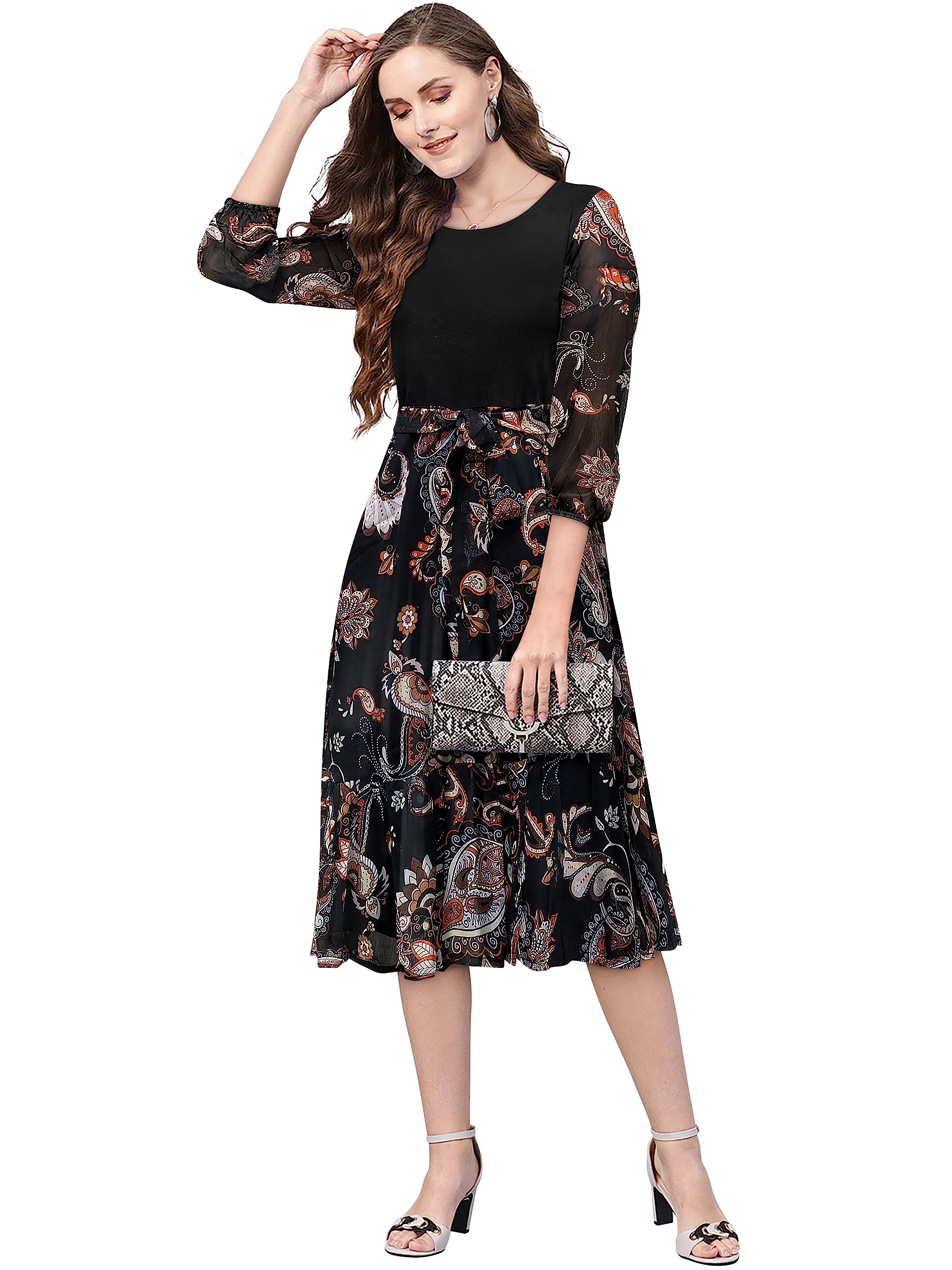 Toochki WomenS Black Georgette Lycra Paisley Print Fit & Flared Western Dress With A Line Pattern Suitable To Wear In Winter We