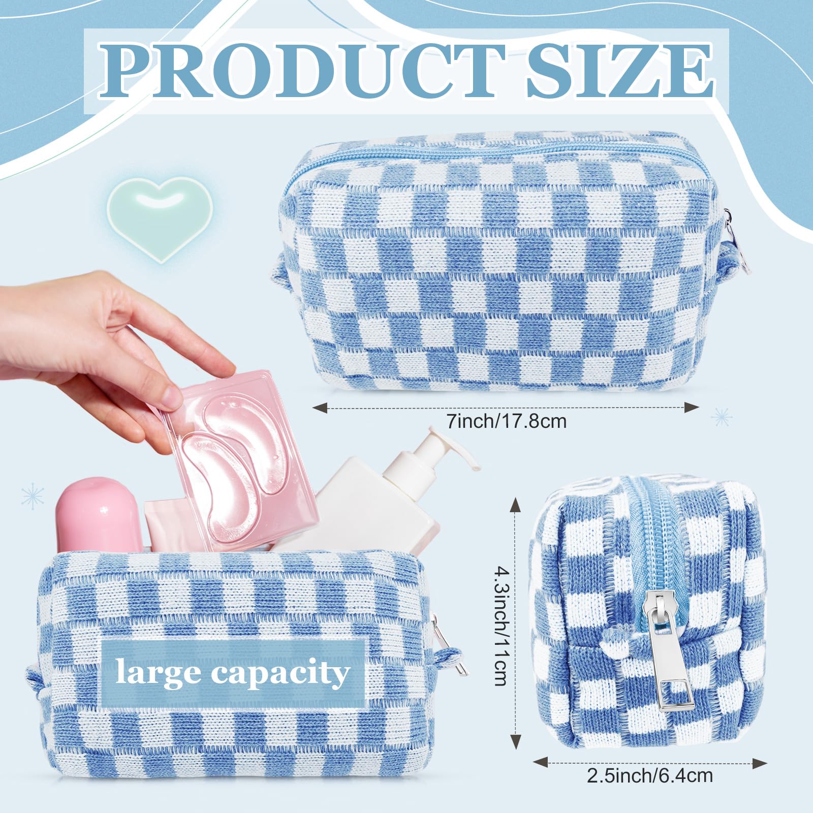 58 Pcs Checkered Makeup Bag Set Preppy Aesthetic Cosmetic Bag Travel Makeup Pouch Toiletry Bag 7 Heishi Surfer Bracelets with 50