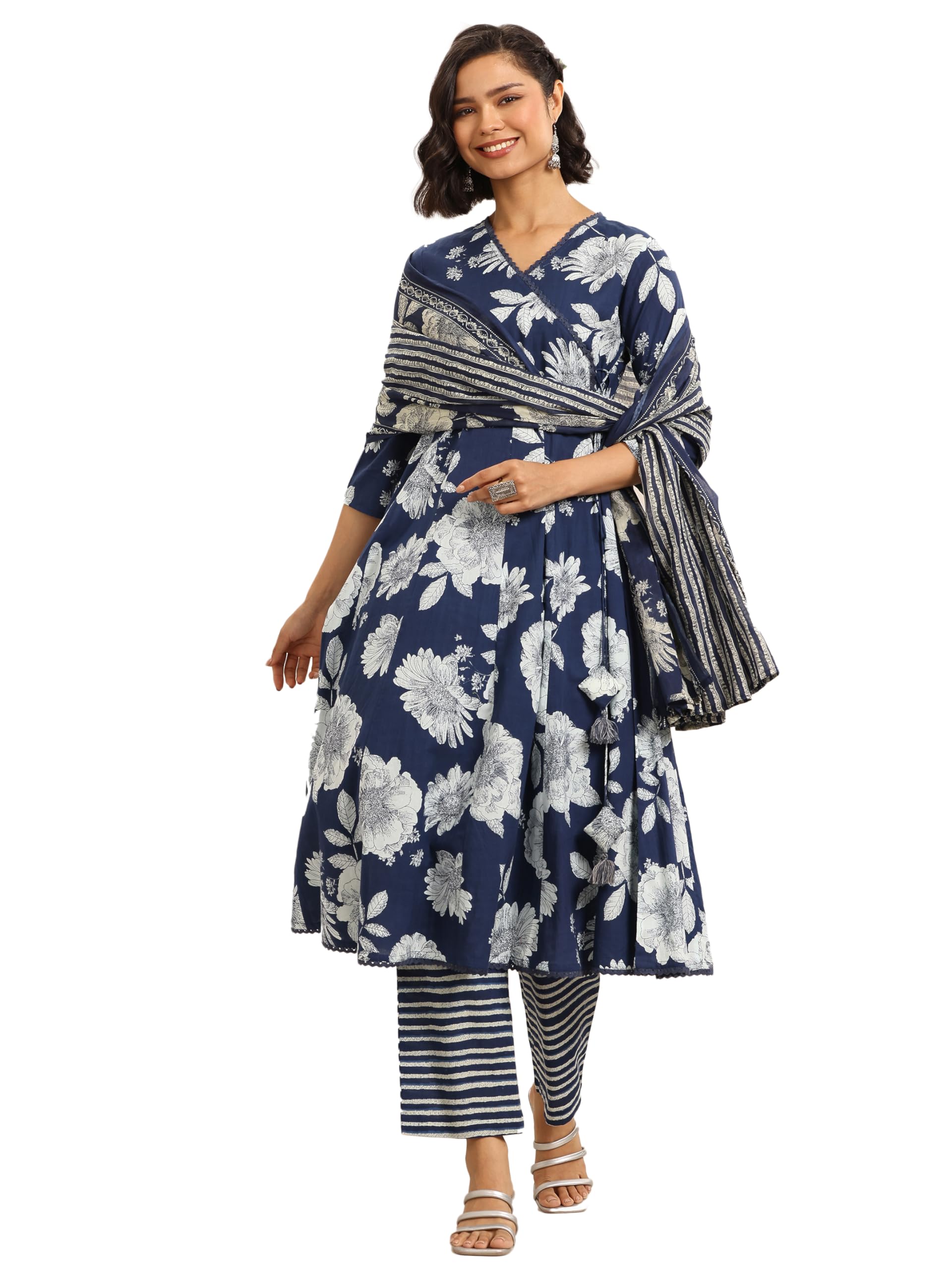 Libas Navy floral printed angrakha style kurta with striped trouser and floral printed dupatta
