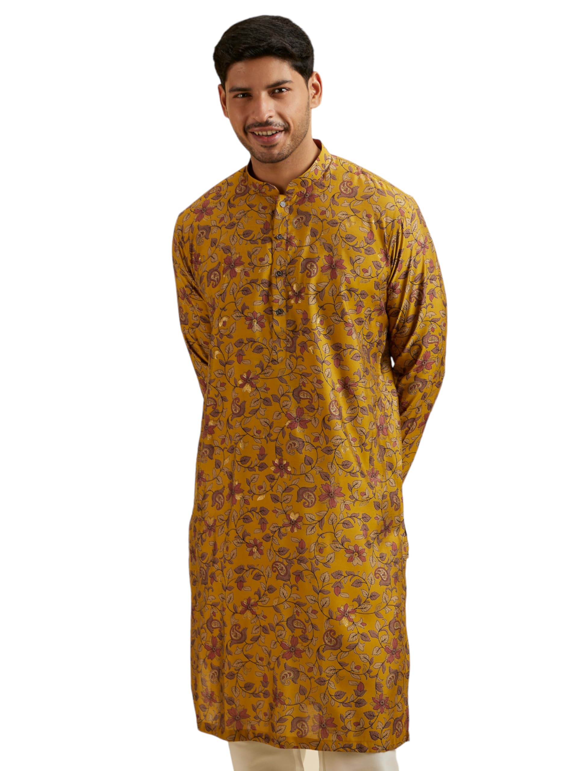Manyavar Mens Viscose Blend Foil Print Long Kurta (Mustard,XXL)