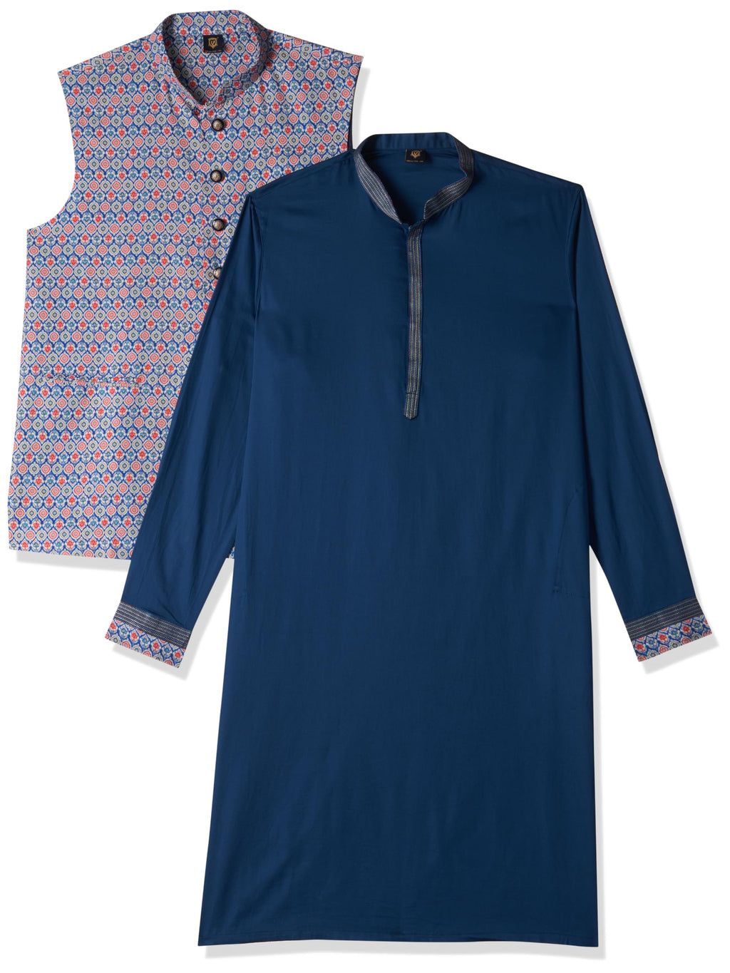 Manyavar Blue Cotton Printed Celebration Kurta Jacket Set With Mandarin Collar