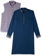 Manyavar Blue Cotton Printed Celebration Kurta Jacket Set With Mandarin Collar