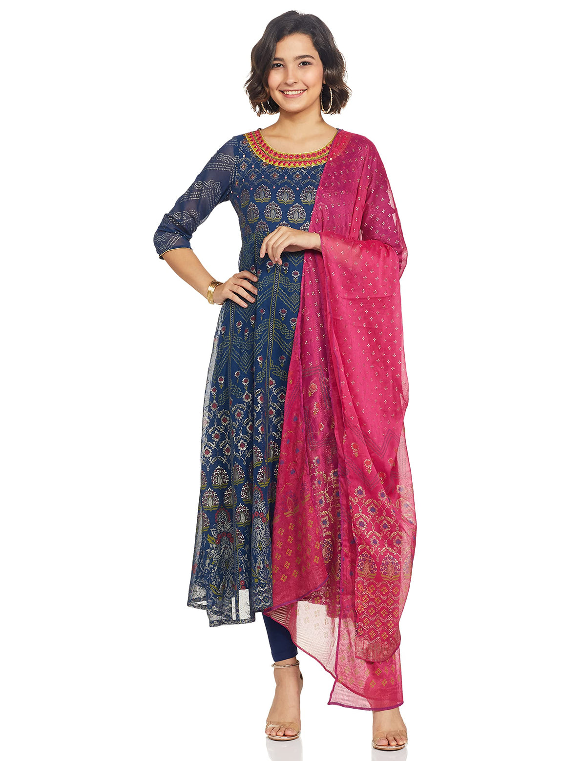 Aurelia WomenS Polyester Navy Ornamental Round Neck Flared Kurta Set_20Aud10308-501656_L