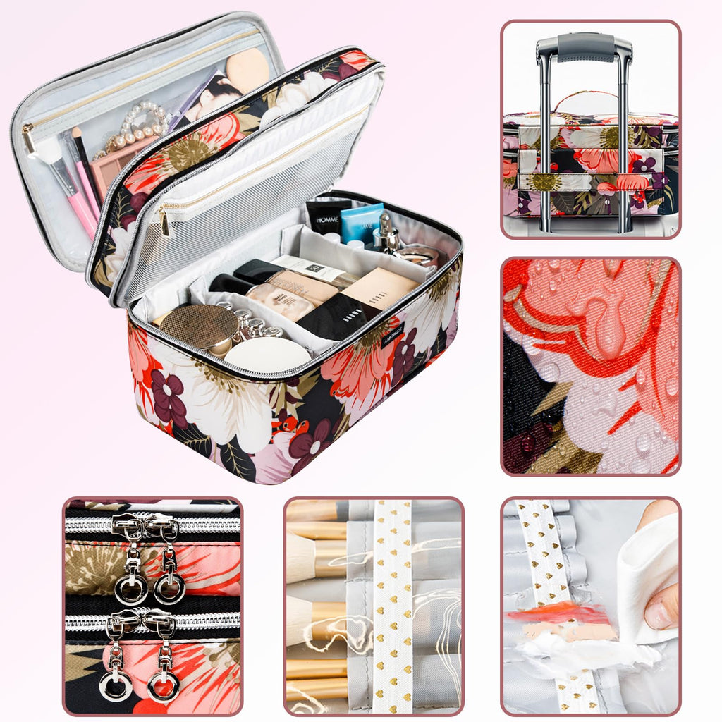 AMOIGEE Large Travel Makeup Bag Organizer, Double Layer Train Case, Toiletry Bag for Makeup Brushes, Full Size Bottles, Palettes